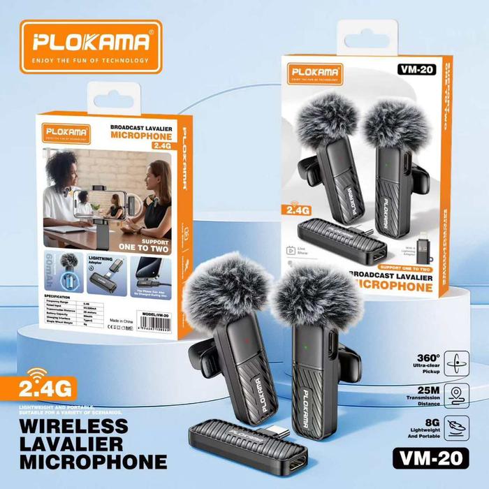 Picture of PLOKAMA VM20 Mic Wireless Clip on Microphone Lavalier HP Plug & Play Dual Mic Type C & Lightning