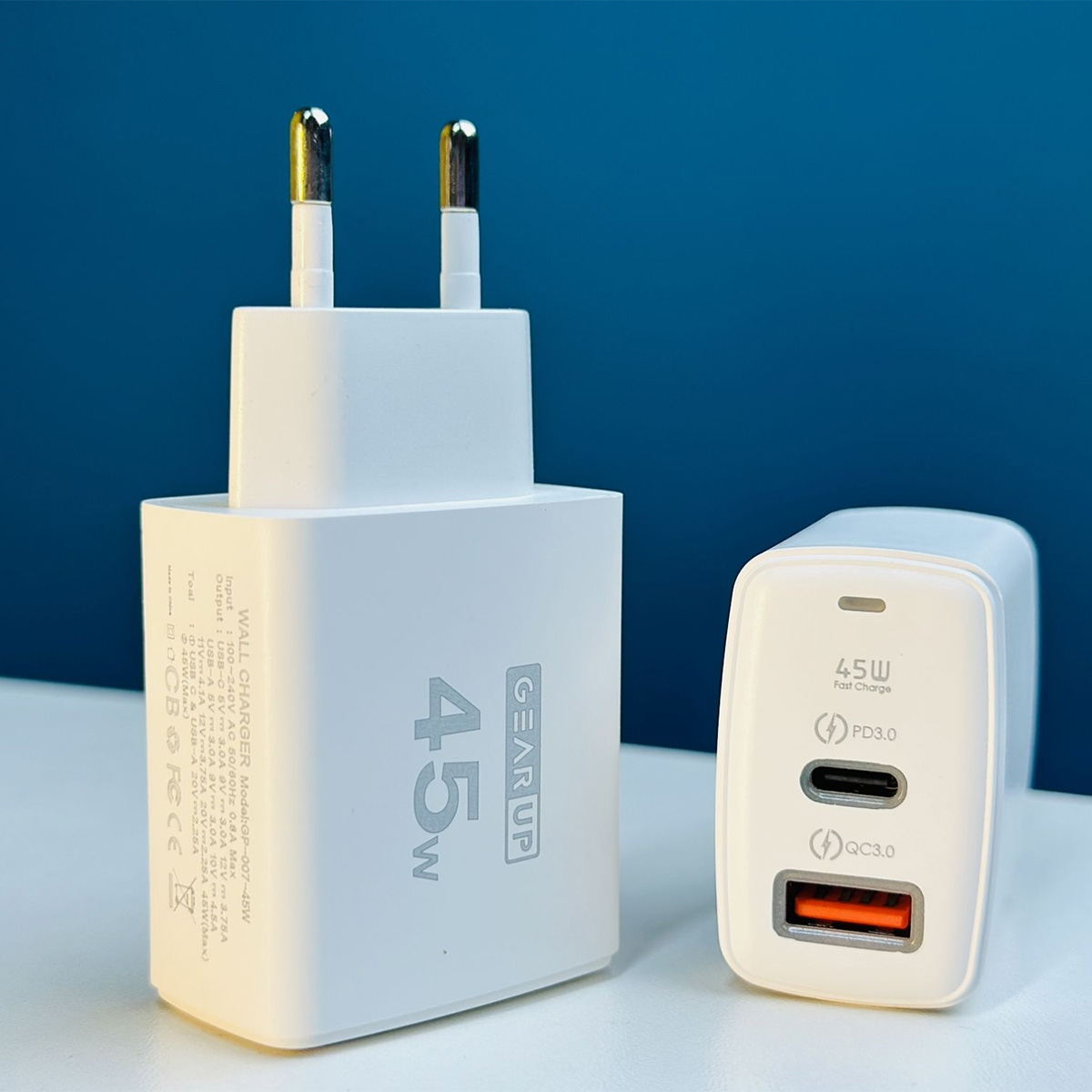 Picture of GearUP GP007 45W Fast Charging PD 3.0 + QC 3.0 USB Wall Charger, Dual Port, Universal Compatibility, Safe Charging, EU Plug