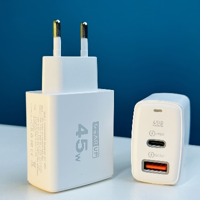 Picture of GearUP GP007 45W Fast Charging PD 3.0 + QC 3.0 USB Wall Charger, Dual Port, Universal Compatibility, Safe Charging, EU Plug