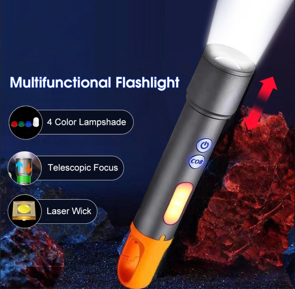 Picture of Gear up k57 Multifunctional Flashlight With Hook Aluminum Alloy Flashlight Dual Light Source Ultra Bright Flashlight White Laser Flashlight Zoomable COB Warning Flashlight For Outdoor Camping