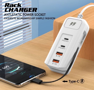 Picture of Rack 66W 4-Port Fast Charger – 2x USB-C PD + 2x USB-A | Safe Charge | Universal Compatibility