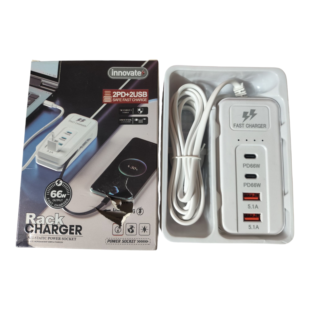 Picture of Rack 66W 4-Port Fast Charger – 2x USB-C PD + 2x USB-A | Safe Charge | Universal Compatibility