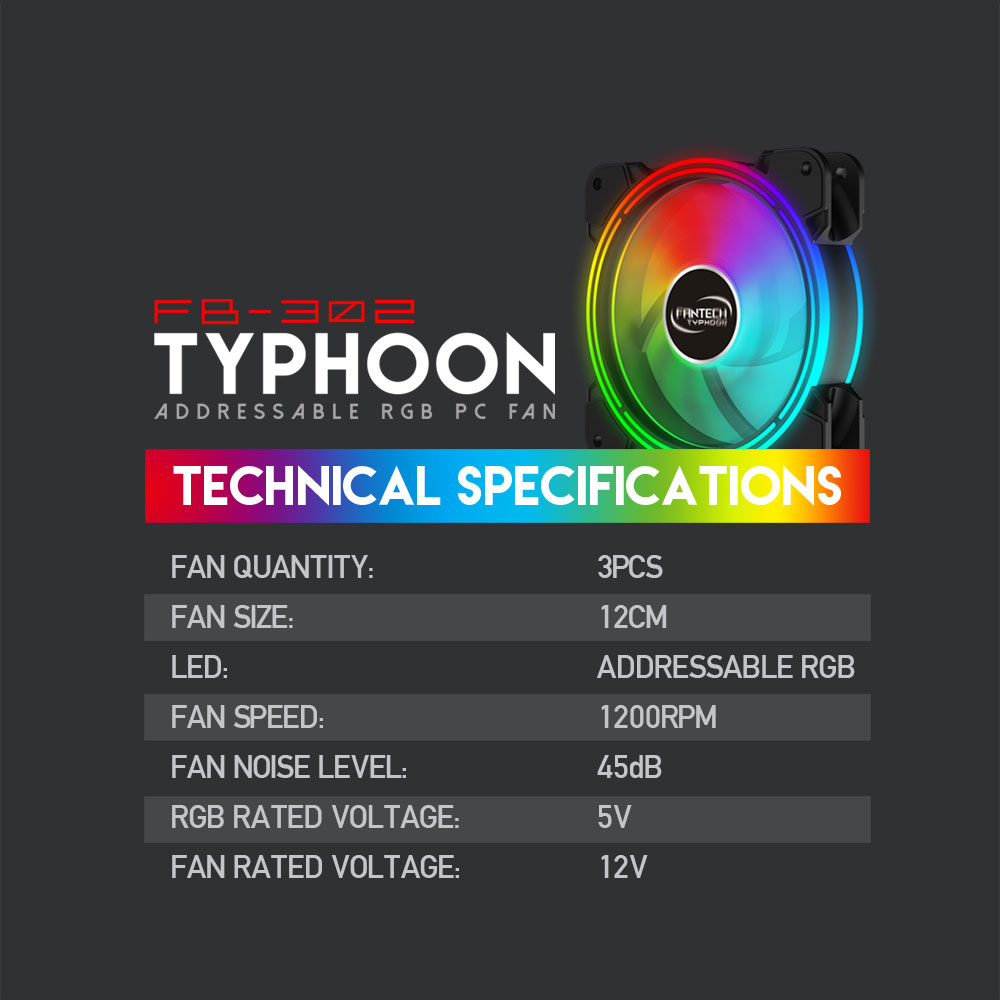 Picture of FANTECH TYPHOON FB302 3n1 ADDRESSABLE RGB PC FAN AUTO ROLE RGB CASE FAN