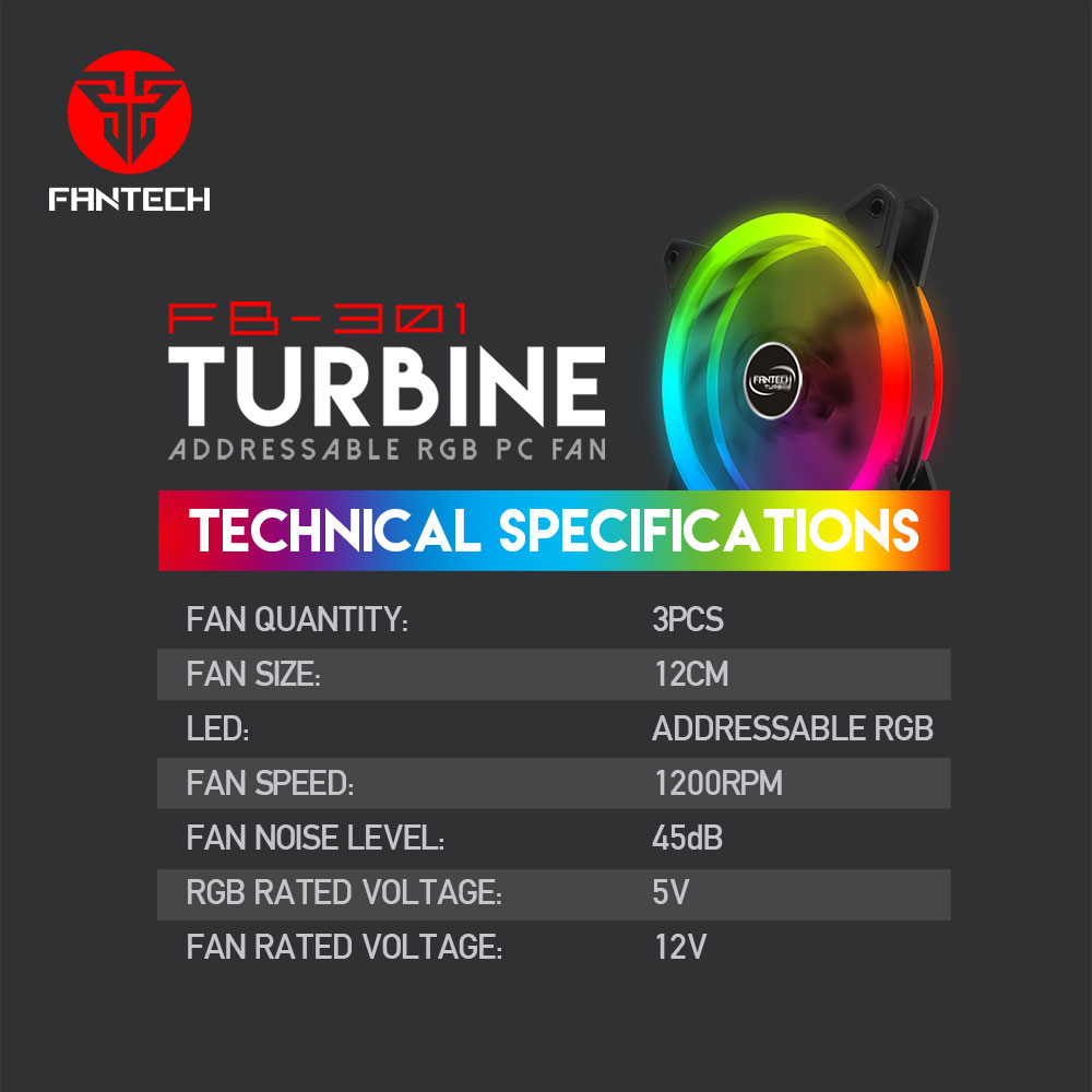 Picture of FANTECH FB-301 Fan Cooler 120mm Turbine 124/301 For Computer Dual RGB Cooling Fan for computer Silent With IR Remote Control PC Fans/Optional Controller