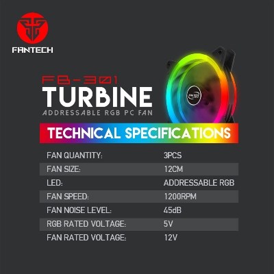 Picture of FANTECH FB-301 Fan Cooler 120mm Turbine 124/301 For Computer Dual RGB Cooling Fan for computer Silent With IR Remote Control PC Fans/Optional Controller