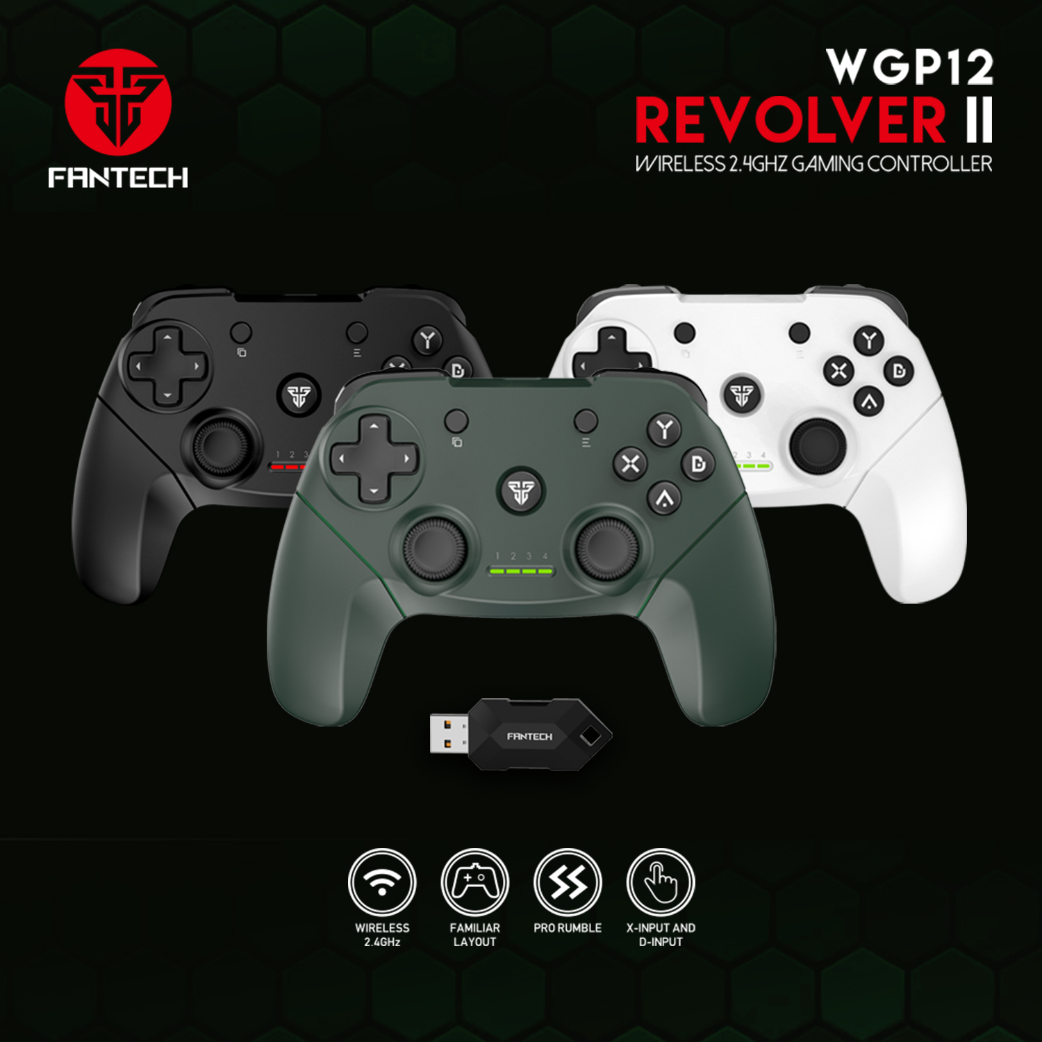 Picture of FANTECH REVOLVER WGP12 Controller Gamepad 2.4G Wireless Joystick Joypad With PS3 PC 10 Hours Long Battery Life For Game Player Black White Green
