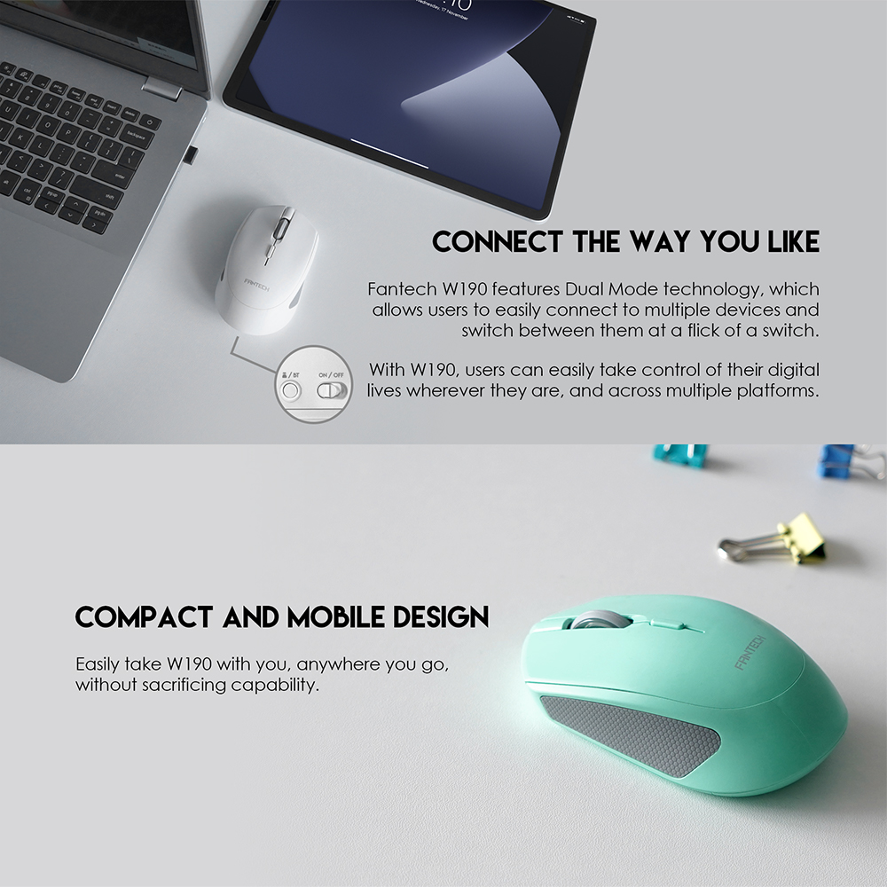 Picture of FANTECH W190 DUAL MODE 2.4Ghz and Bluetooth Wireless Mouse Up to 200 Hours Of Battery Mini Mute Silent Office Mouse Mice