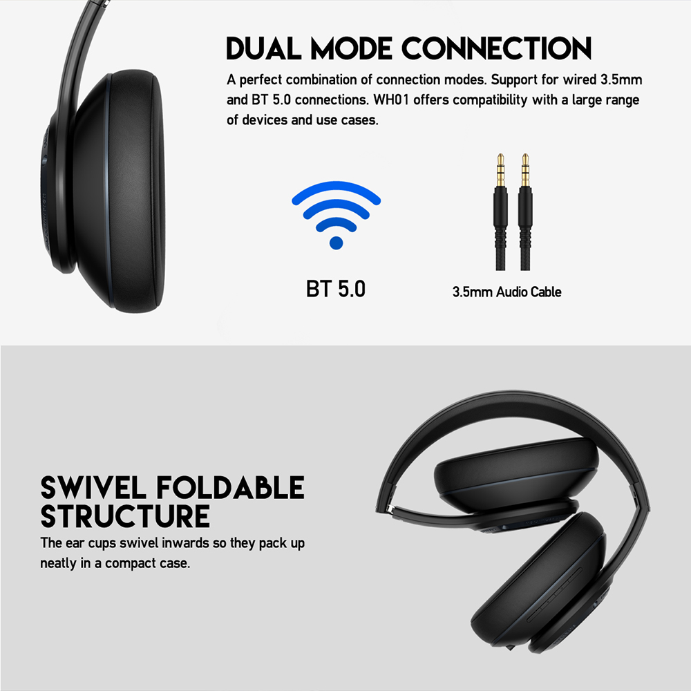 Picture of Fantech WH01 Wireless Headphone Over Ear Bluetooth 5.0 and 3.5mm Stereo Long Battery Foldable Headset Earphone Support for Phone