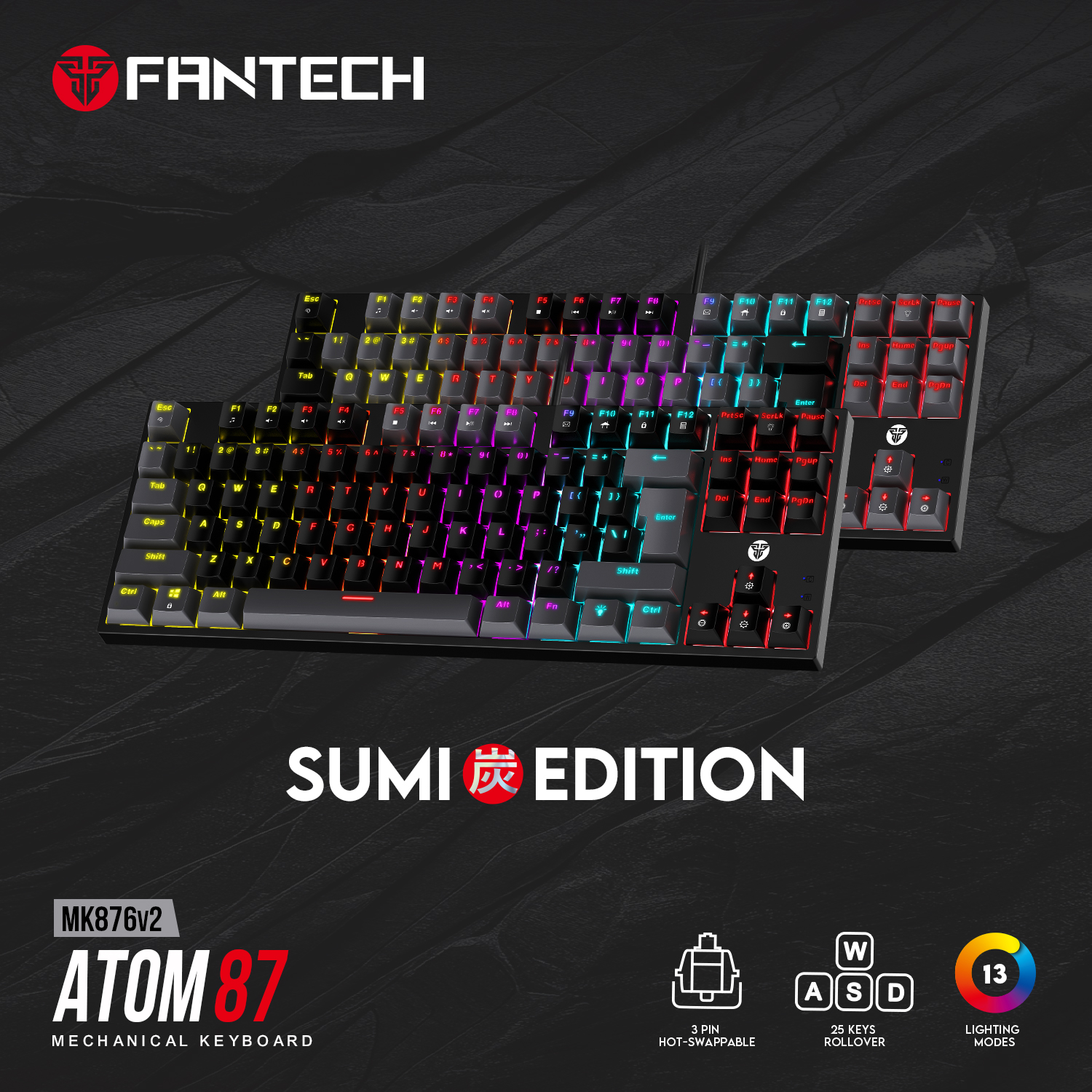 Picture of FANTECH MK876V2 SUMI EDITION TKL RGB Gradient Mechanical Keyboard Blue/Red Switch 25 Keys Anti-Ghosting.