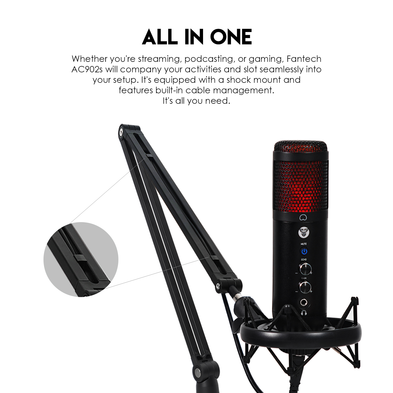 Picture of Fantech AC902s Mic Boom Arm Stand Microphone Live Streaming Podcast - Black