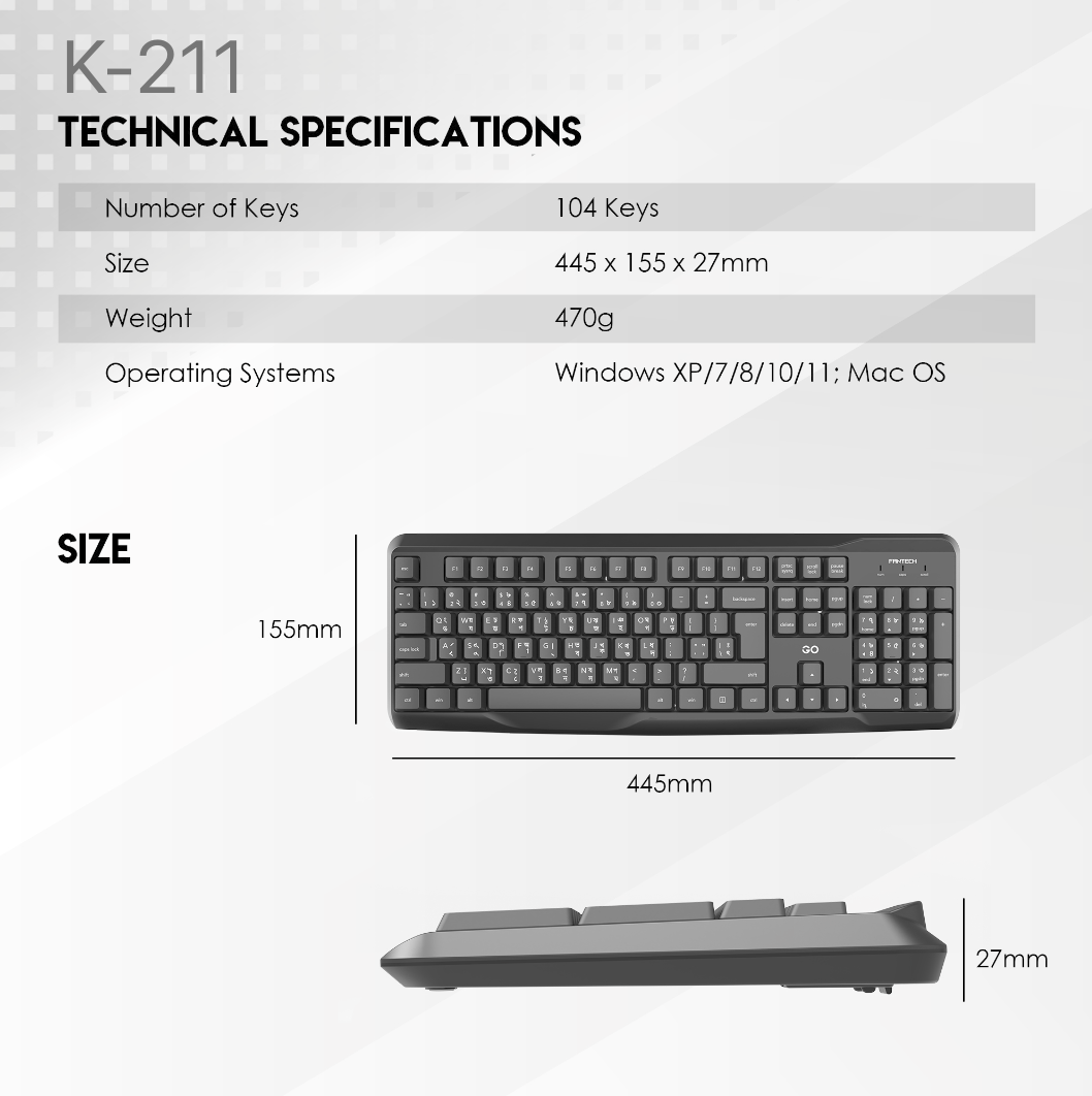 Picture of FANTECH GO K211 Smooth Typing Keyboard 104 Keys Spill Resistant Keyboard English And Bangla USB Wired Easy To Read Keys Computer Keyboard Ergonomics Keyboard For Office PC