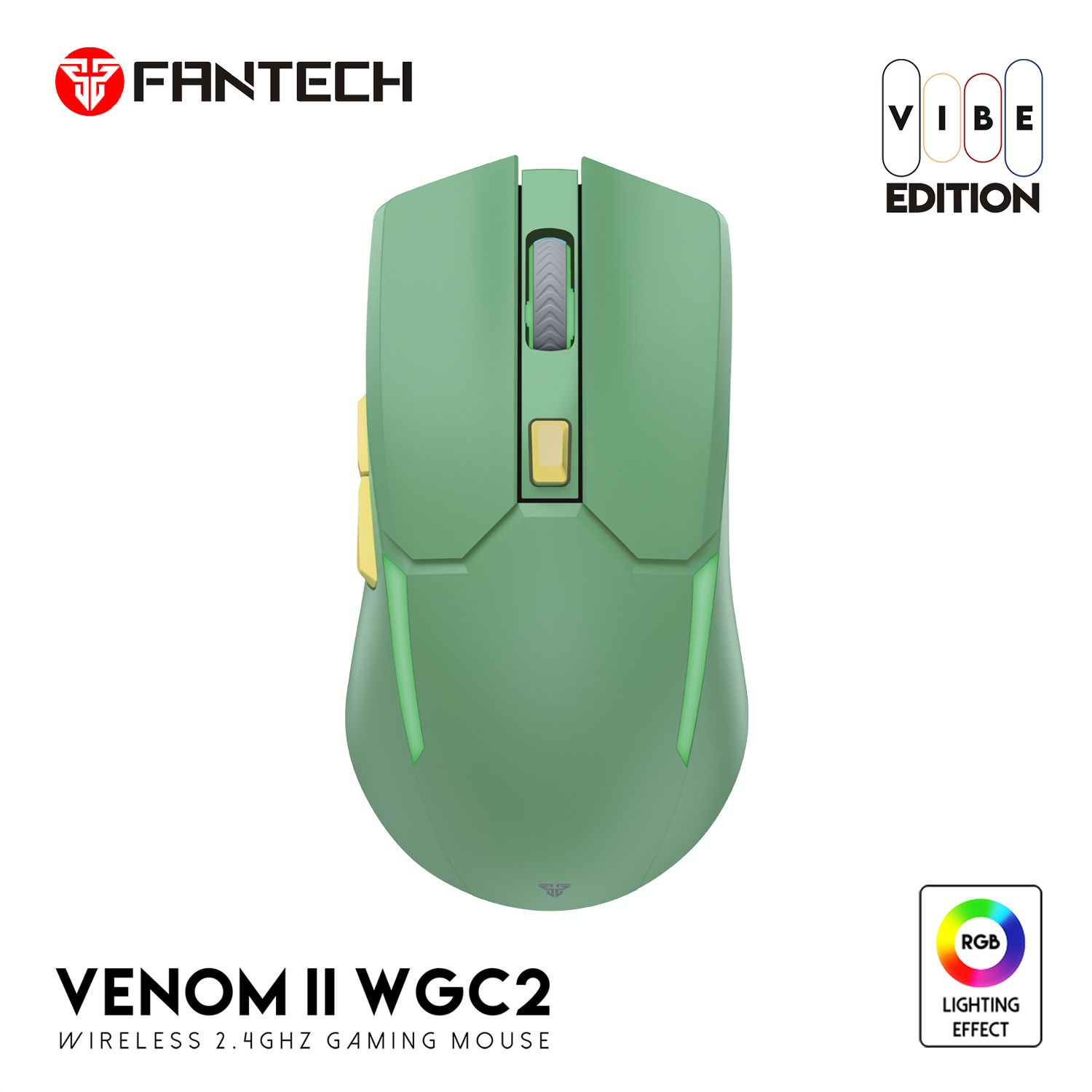 Picture of FANTECH WGC2 VENOM II VIBE  2.4G Wireless Gaming Mouse Pixart 3212 2400DPI RGB Rechargeable Mouse Ergonomic Mice Gaming Gammer For Laptop PC Green
