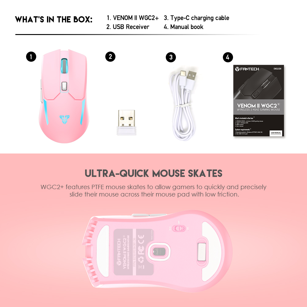 Picture of FANTECH WGC2 VENOM II VIBE  2.4G Wireless Gaming Mouse Pixart 3212 2400DPI RGB Rechargeable Mouse Ergonomic Mice Gaming Gammer For Laptop PC Pink