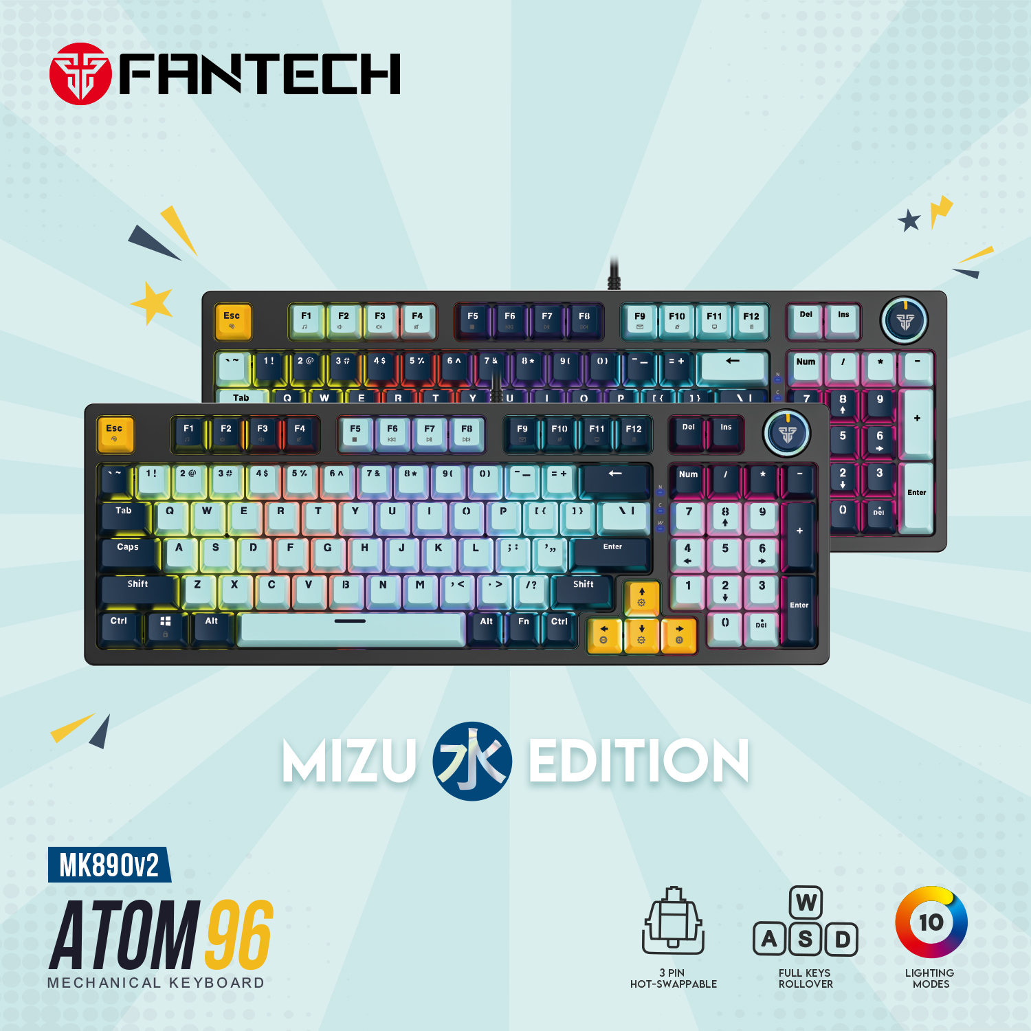 Picture of FANTECH ATOM96 MK890 V2 MIZU Edition RGB Full Key Roll Over Hot Swappable Mechanical Keyboard All Anti Ghost Keys Fully Customizable Red Switch