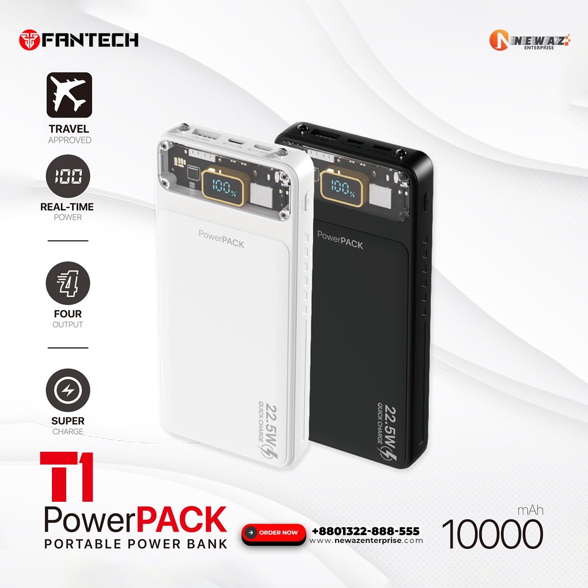Picture of FANTECH T1 PowerBank 10000mAh Dual Output Quick Charge Airline Approved Flight Friendly Safe Reliable High-Speed Charge PowerPack Portable Power Bank