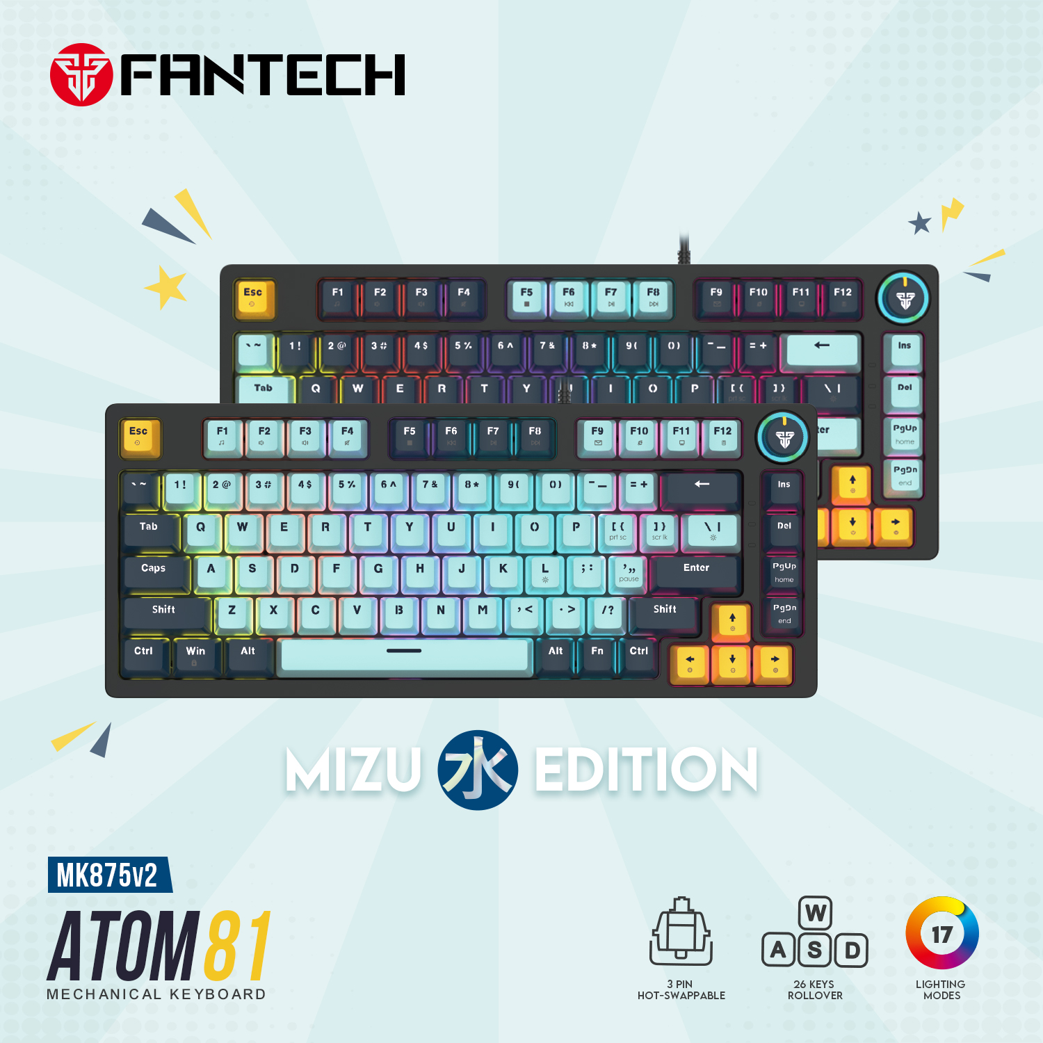 Picture of FANTECH ATOM81 MK875V2 Mechanical Gaming Keyboard- MIZU SERIES- Sky Blue And Navy Blue - Switches Blue And Red