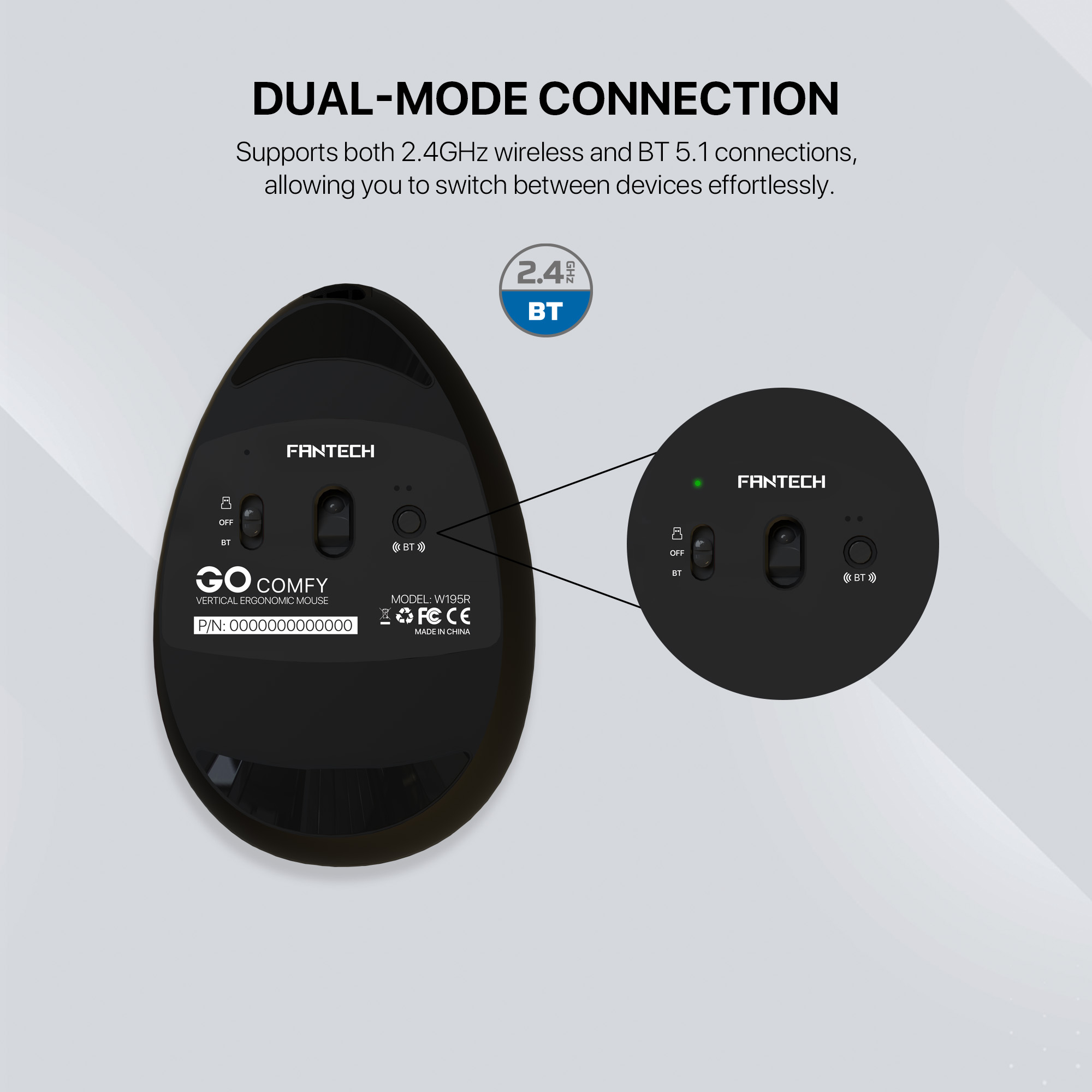 Picture of FANTECH W195R GO Comfy Mouse Vertical Ergonomic Design Wireless & Bluetooth Connection Compact Wireless Mouse