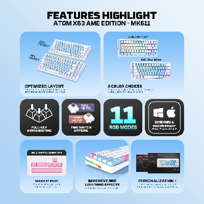 Picture of FANTECH ATOM X63 MK611 MECHANICAL GAMING KEYBOARD AME EDITION WHITE & BLUE