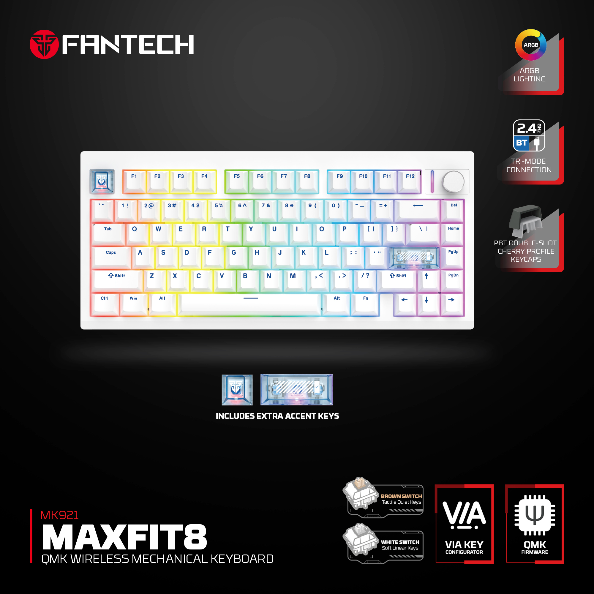 Picture of FANTECH MAXFIT8 MK921 - QMK WIRELESS MACHANICAL KEYBOARD WHITE