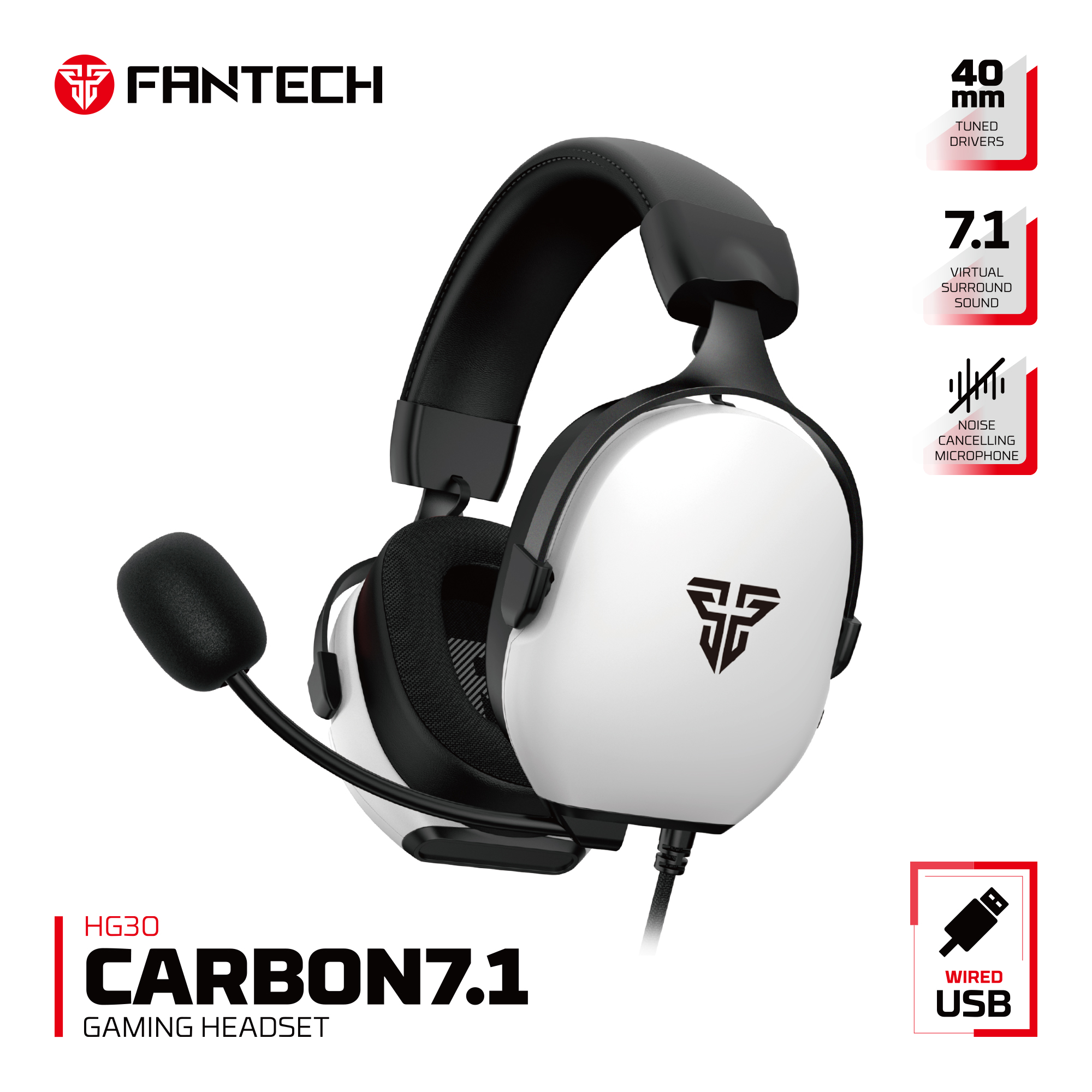 Picture of Fantech Carbon 7.1 HG30 Wired USB Gaming Headset Virtual Surround Sound Noise Cancelling Microphone WHITE
