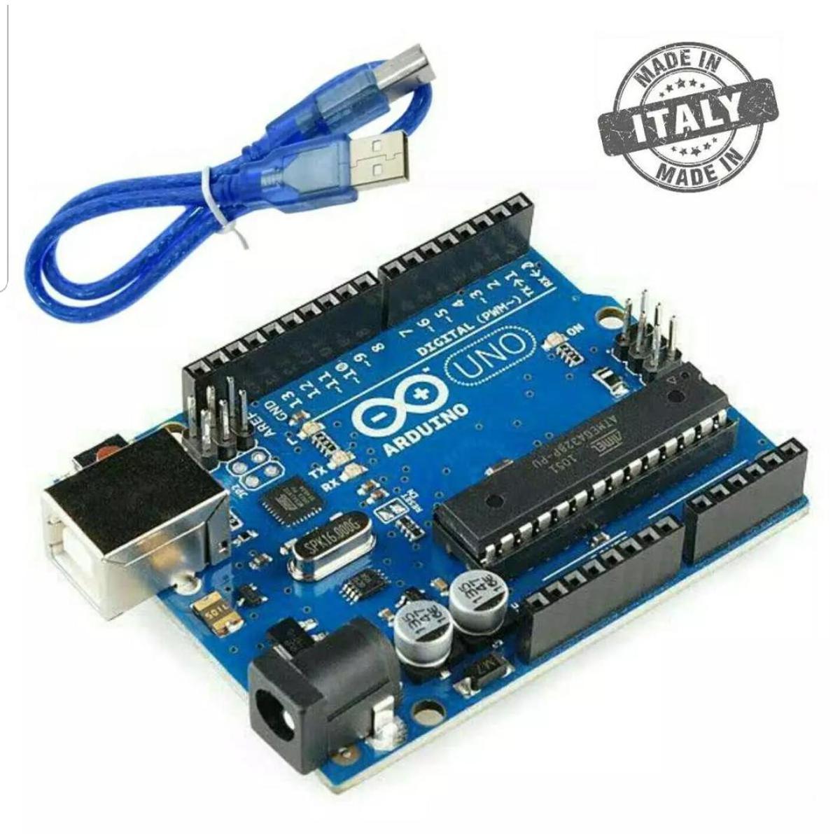 Picture of Uno R3 Development Board, Microcontroller Based on ATmega328 with USB Cable for DIY Project, (Uno R3) Made in Italy by Akram Electronics Picture of Uno R3 Development Board, Microcontroller Based on ATmega328 with USB Cable for DIY Project, (Uno R3) Made in Italy by Akram Electronics