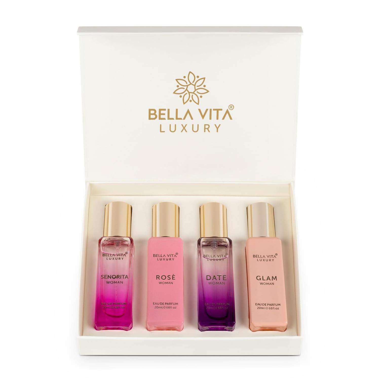 Picture of 4 PC 20 ml BELLA VITA LUXURY (SENORITA, ROSE, DATE, GLAM) Perfume Indian product used for female (Gift Set)