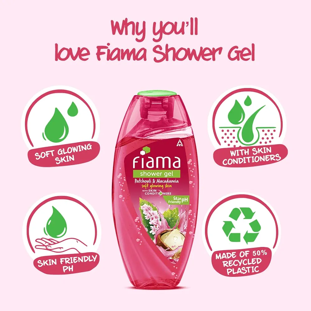 Picture of Indian product Fiama shower gel Patchouli & Macadamia Soft & Glowing Skin With skin conditioners 250 Ml