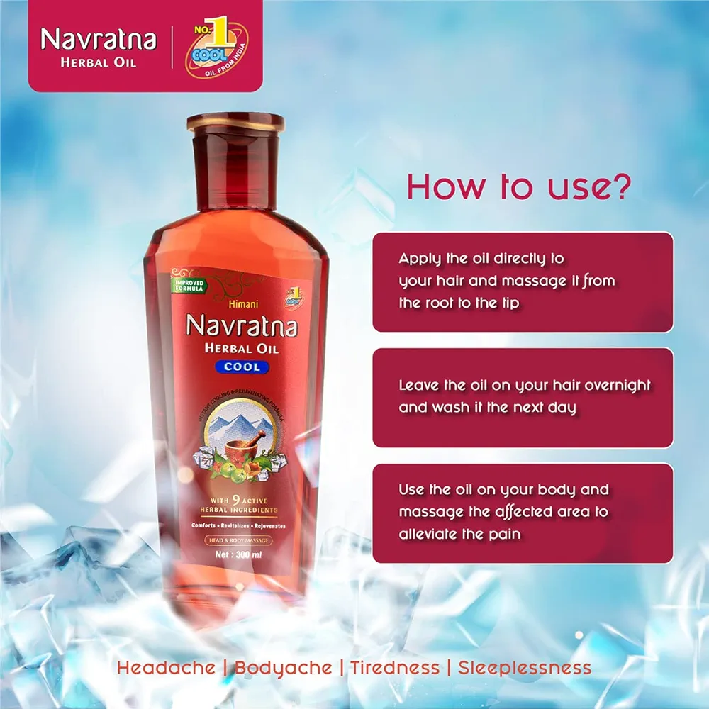 Picture of International UAE product Hair Care Navratna Herbal Cool Hair oil with 9 active Herbal Ingredients Used For male /female.. 300Ml, Buy Get 1..100 Ml.. (Total.. 400 Ml)