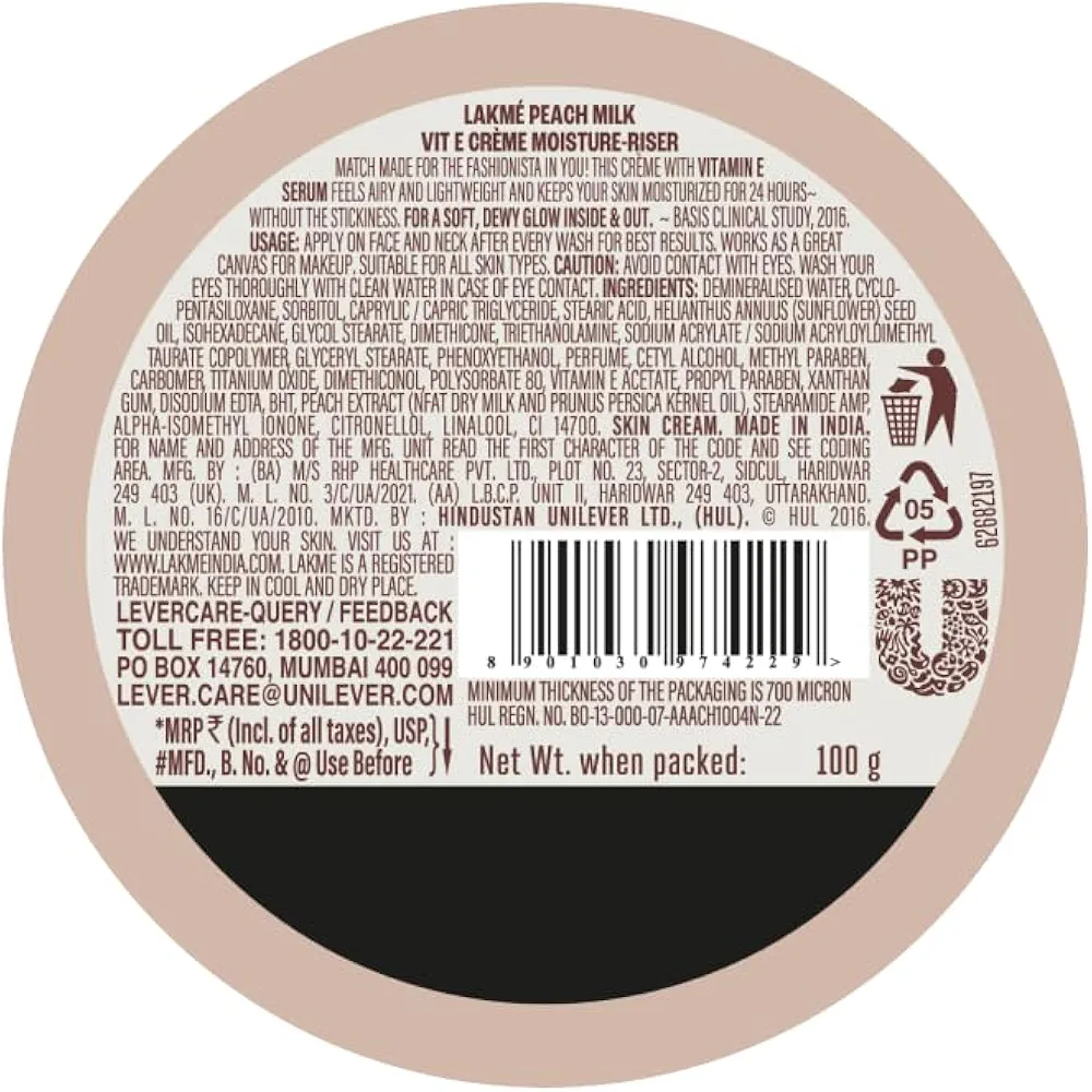Picture of Indian Product Lakme Peach Milk Soft Cream 24hour Moisture Lock Non- sticky Used For Women..100 Gm