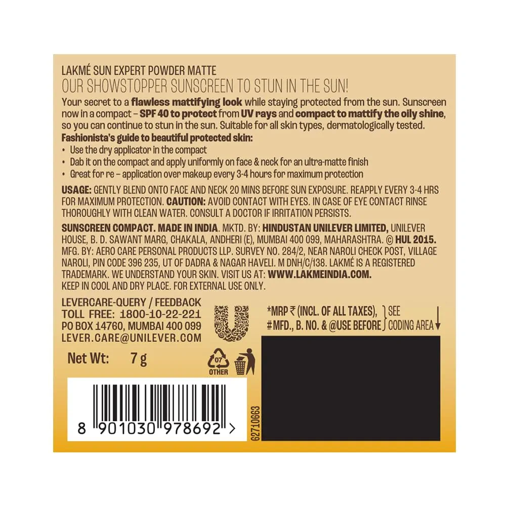 Picture of Indian Product Lakme 9 To 5 Sun Expert Ultra Matte Compect Powder Non Greasy Non Sticky, Even-Tone Complexion For All Skin Types( SPF 40 PA+++)-7Gm