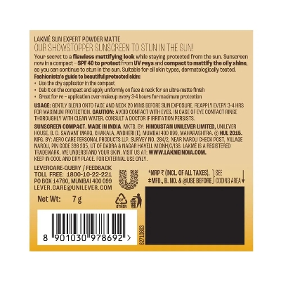 Picture of Indian Product Lakme 9 To 5 Sun Expert Ultra Matte Compect Powder Non Greasy Non Sticky, Even-Tone Complexion For All Skin Types( SPF 40 PA+++)-7Gm