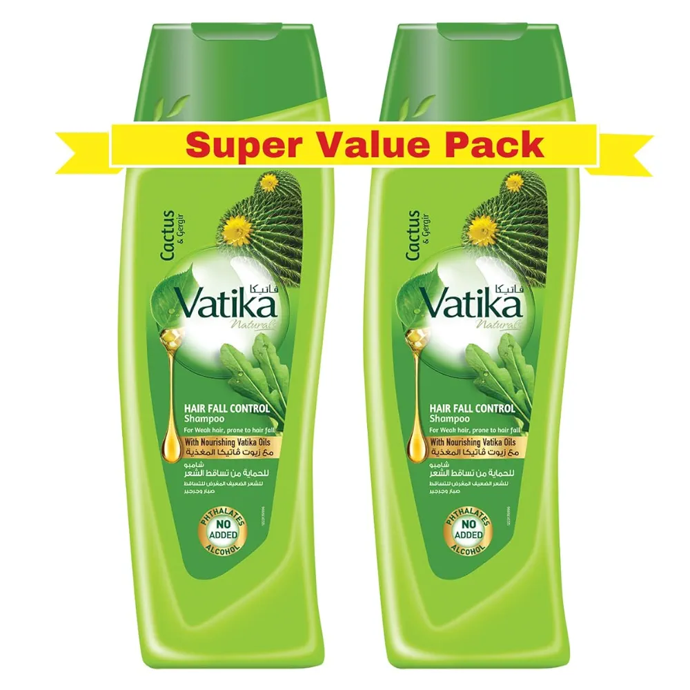 Picture of International UAE Product Hair Care Vatika Naturals Hair Fall Control Shampoo - 2 x 400 ml | Enriched with Cactus & Gergir Extracts | For Weak Hair, Prone to Hair Fall | With Nourishing Vatika Oils | Super Value Pack of 2 Used For Male /Female -400+400Ml