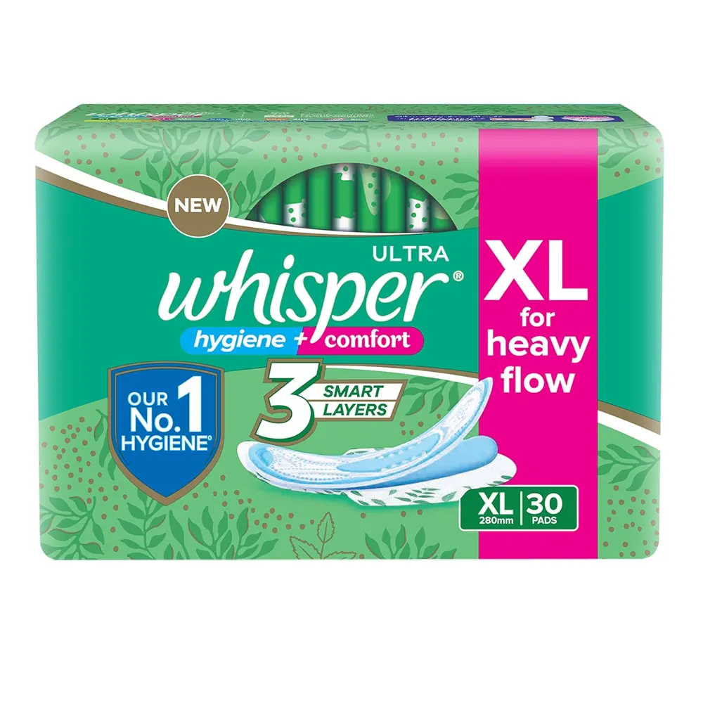Picture of Indian Product Whisper Ultra Hygiene+Comfort Sanitary Pads, XL for Heavy Flow, Ultimate Protection & Comfort, Locks Odour & wetness, Cotton like soft top layer, Disposable Wrapper XL -(30Pads(