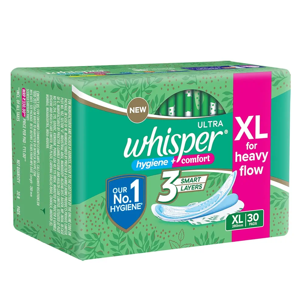 Picture of Indian Product Whisper Ultra Hygiene+Comfort Sanitary Pads, XL for Heavy Flow, Ultimate Protection & Comfort, Locks Odour & wetness, Cotton like soft top layer, Disposable Wrapper XL -(30Pads(
