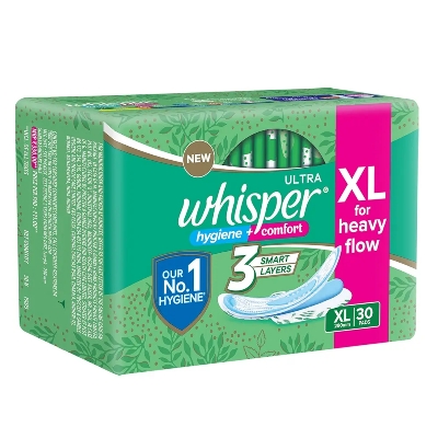 Picture of Indian Product Whisper Ultra Hygiene+Comfort Sanitary Pads, XL for Heavy Flow, Ultimate Protection & Comfort, Locks Odour & wetness, Cotton like soft top layer, Disposable Wrapper XL -(30Pads(