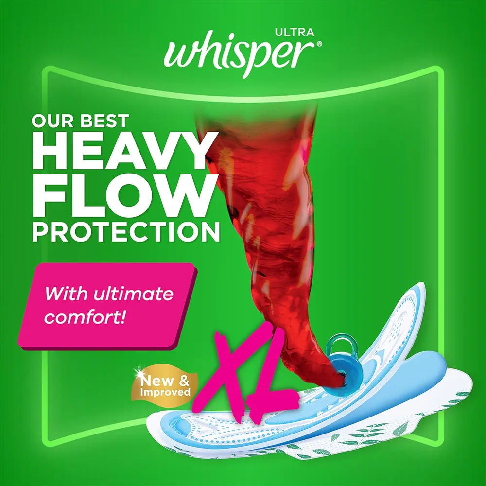 Picture of Indian Product Whisper Ultra Hygiene+Comfort Sanitary Pads, XL for Heavy Flow, Ultimate Protection & Comfort, Locks Odour & wetness, Cotton like soft top layer, Disposable Wrapper XL -(30Pads(