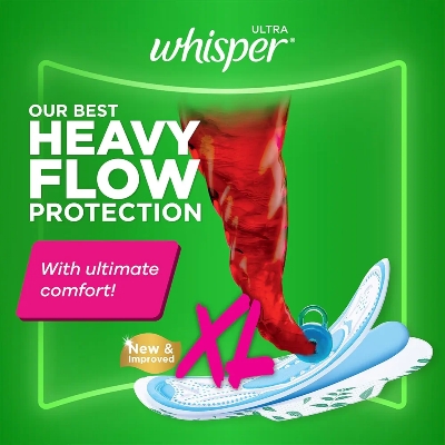 Picture of Indian Product Whisper Ultra Hygiene+Comfort Sanitary Pads, XL for Heavy Flow, Ultimate Protection & Comfort, Locks Odour & wetness, Cotton like soft top layer, Disposable Wrapper XL -(30Pads(
