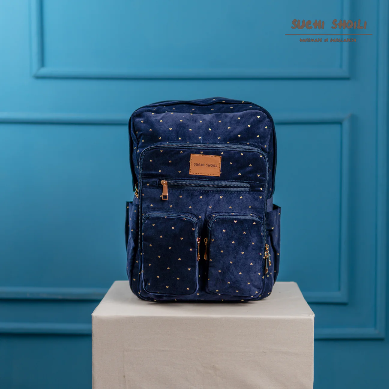 Picture of Navy Golden Love Corduroy Fabric Nandita Backpack Picture of Navy Golden Love Corduroy Fabric Nandita Backpack