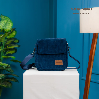 Picture of Dark Navy Bule Corduroy Fabric Grid Cross Bag Picture of Dark Navy Bule Corduroy Fabric Grid Cross Bag