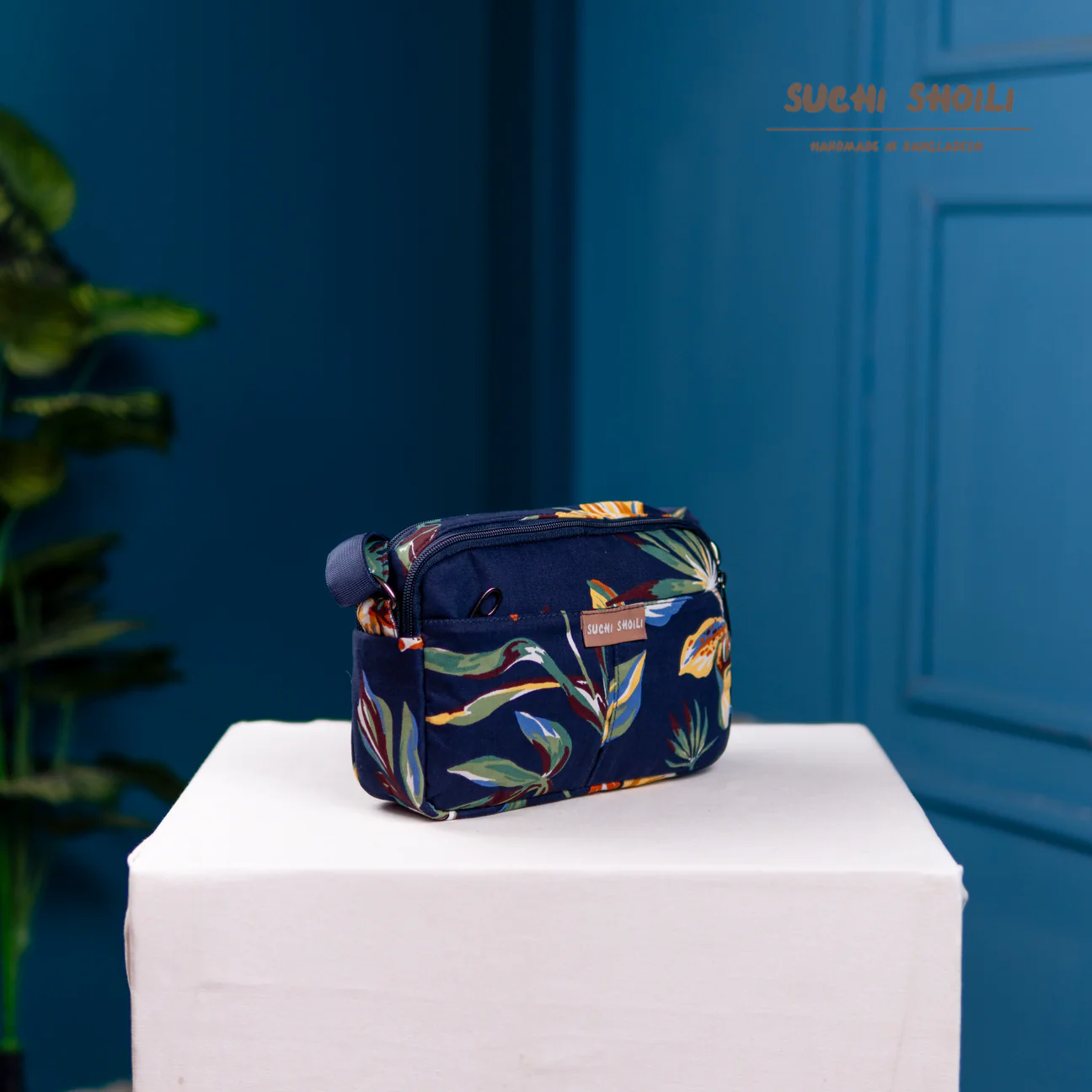 Picture of Navy Plams Flower Rupa Double Chamber Crossbody Bag Picture of Navy Plams Flower Rupa Double Chamber Crossbody Bag