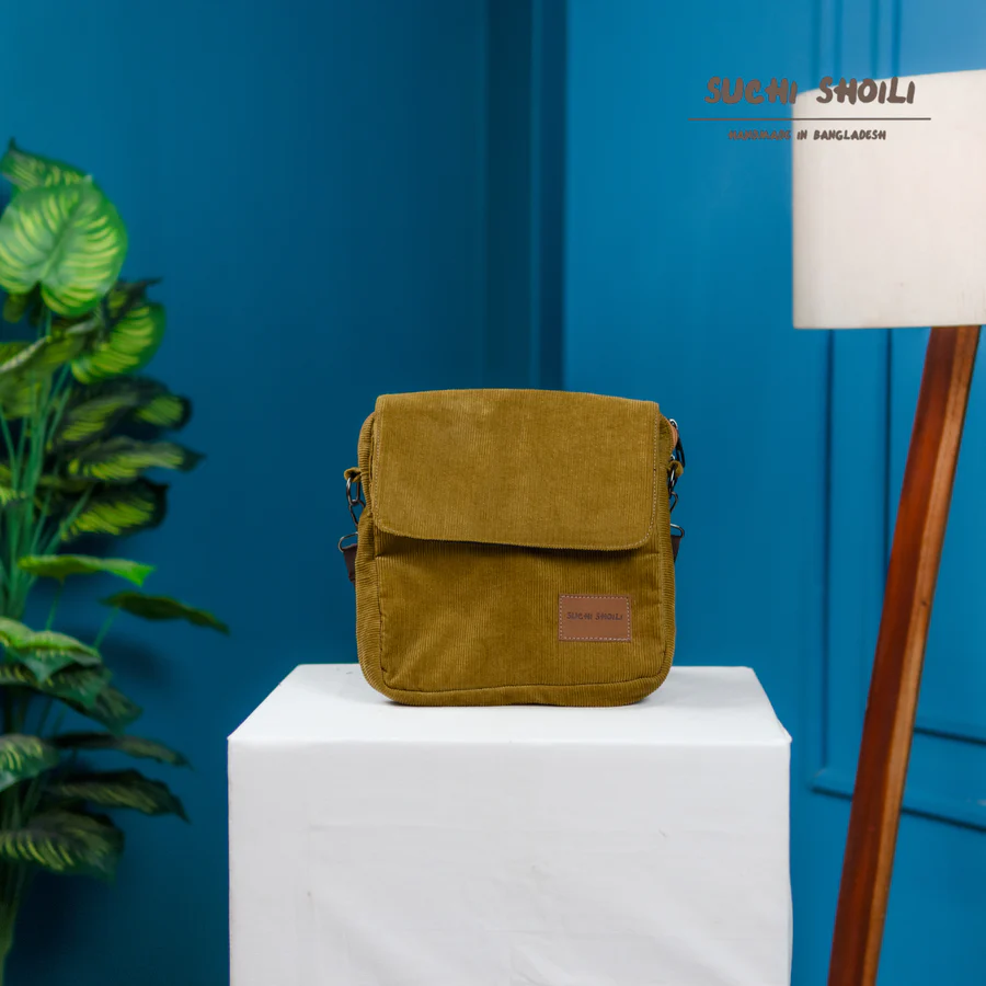 Picture of Lite Yellow Corduroy Fabric Grid Cross Bag Picture of Lite Yellow Corduroy Fabric Grid Cross Bag