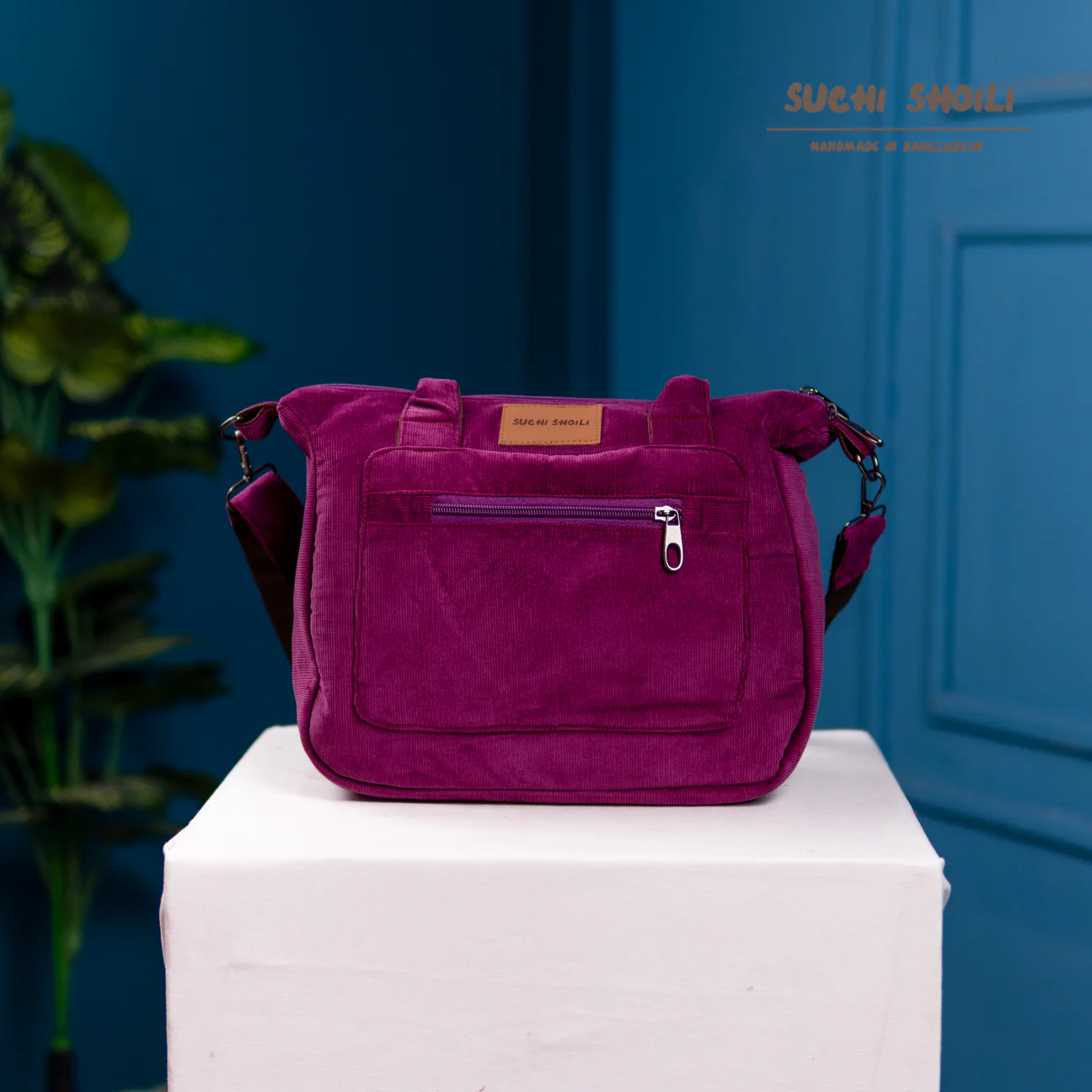 Picture of Dark Berry Corduroy Fabric Ajrin Crossbody Bag Picture of Dark Berry Corduroy Fabric Ajrin Crossbody Bag