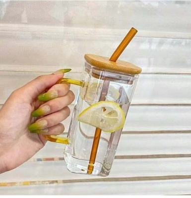 Picture of 400ml Glass Cup With Lid and Straw Transparent Bubble Tea Cup Juice Glass Beer Can Milk Mocha Cups Breakfast Mug Drinkware