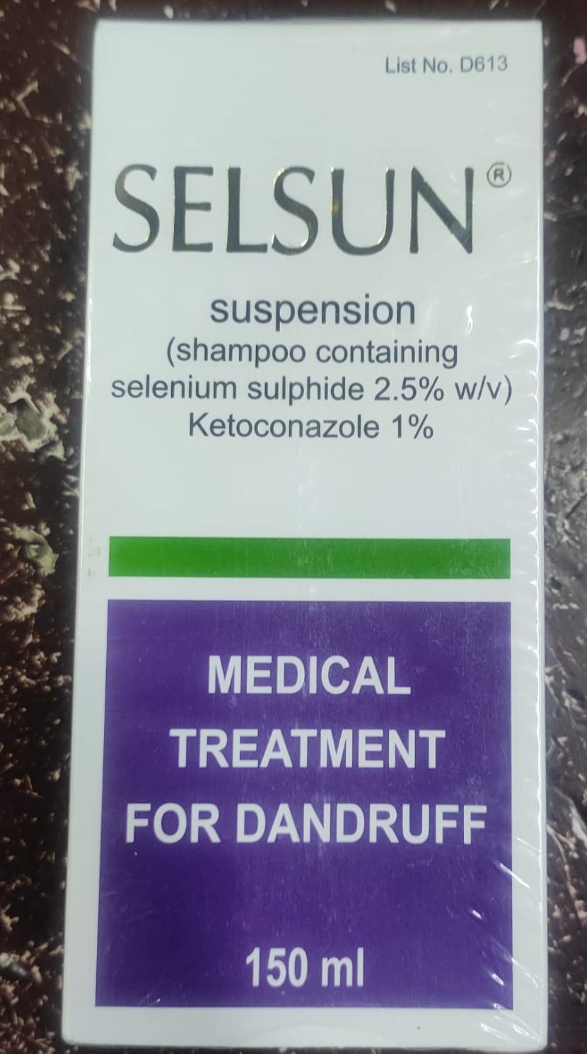 Picture of International UK Product Selsun Suspension shampoo containing selenium sulfide 2.5% w/v ketoconazole 1% -150ml