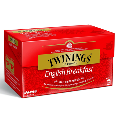 Picture of Twining English Breakfast Black Tea Individually Wrapped Bags, 25 Count (Pack of 1), Smooth, Flavourful, and Robust, Caffeinated, Enjoy Hot or Iced,25 Teabags