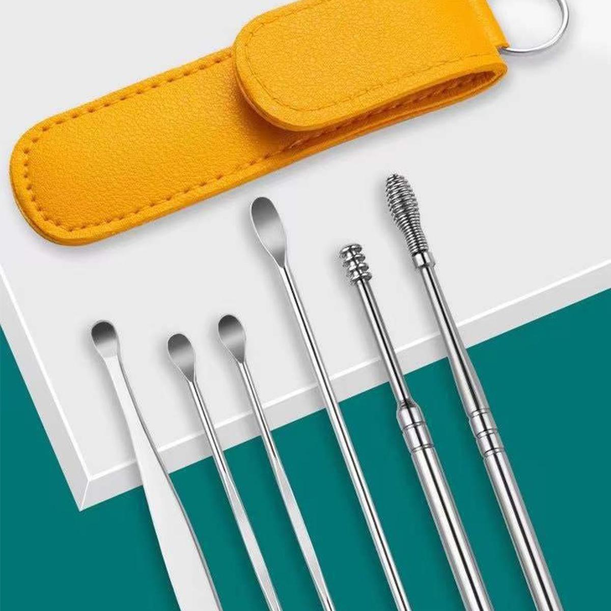 Picture of NEW 6pcs Ear Cleaner Wax Removal Tool Earpick Sticks Earwax Remover Curette Ear Pick Set Portable Ear Cleaner Set Stainless Steel With Lather Case - Ear Pick