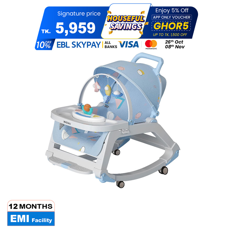 Picture of 0-36 Months Infants 5 in 1 Cradling, Newborn Bouncer Without Batteries, Adjustable Angle Baby Rocking Chair, Bassinet with Wheels and Music Box, Baby Seat with Padded,Blue