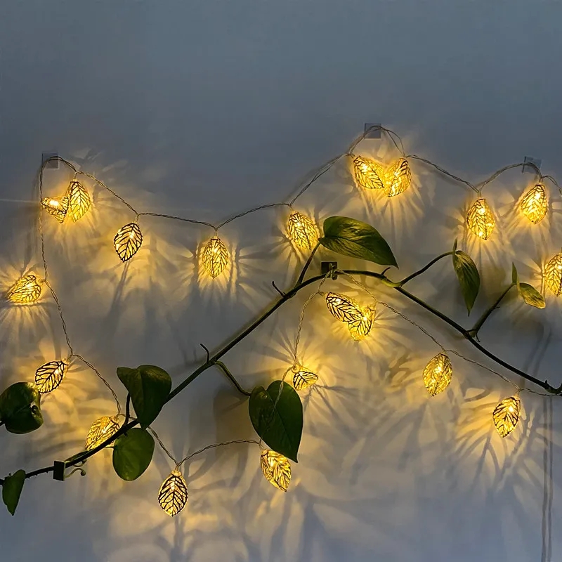 Picture of Metal Fairy light 3d leaf shape golden color current driven pieces set Picture of Metal Fairy light 3d leaf shape golden color current driven pieces set