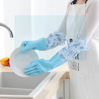 Picture of 1 pair Household Gloves with Soft Fiber lining Extra Long Cuff and Vinyl Textured Grip for Women, Reusable Gloves for Dish Washing, Latex Free, Elbow Length Picture of 1 pair Household Gloves with Soft Fiber lining Extra Long Cuff and Vinyl Textured Grip for Women, Reusable Gloves for Dish Washing, Latex Free, Elbow Length