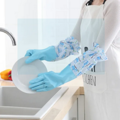 Picture of 1 pair Household Gloves with Soft Fiber lining Extra Long Cuff and Vinyl Textured Grip for Women, Reusable Gloves for Dish Washing, Latex Free, Elbow Length Picture of 1 pair Household Gloves with Soft Fiber lining Extra Long Cuff and Vinyl Textured Grip for Women, Reusable Gloves for Dish Washing, Latex Free, Elbow Length